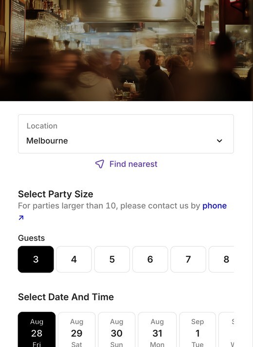 One Table booking screen on a phone